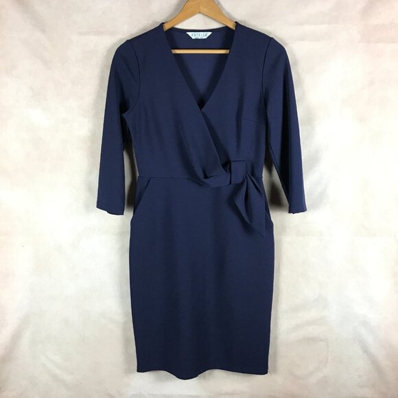 ESTELLE Indigo Structured Crepe Faux Wrap Sheath Dress SMALL - Picture 5 of 10